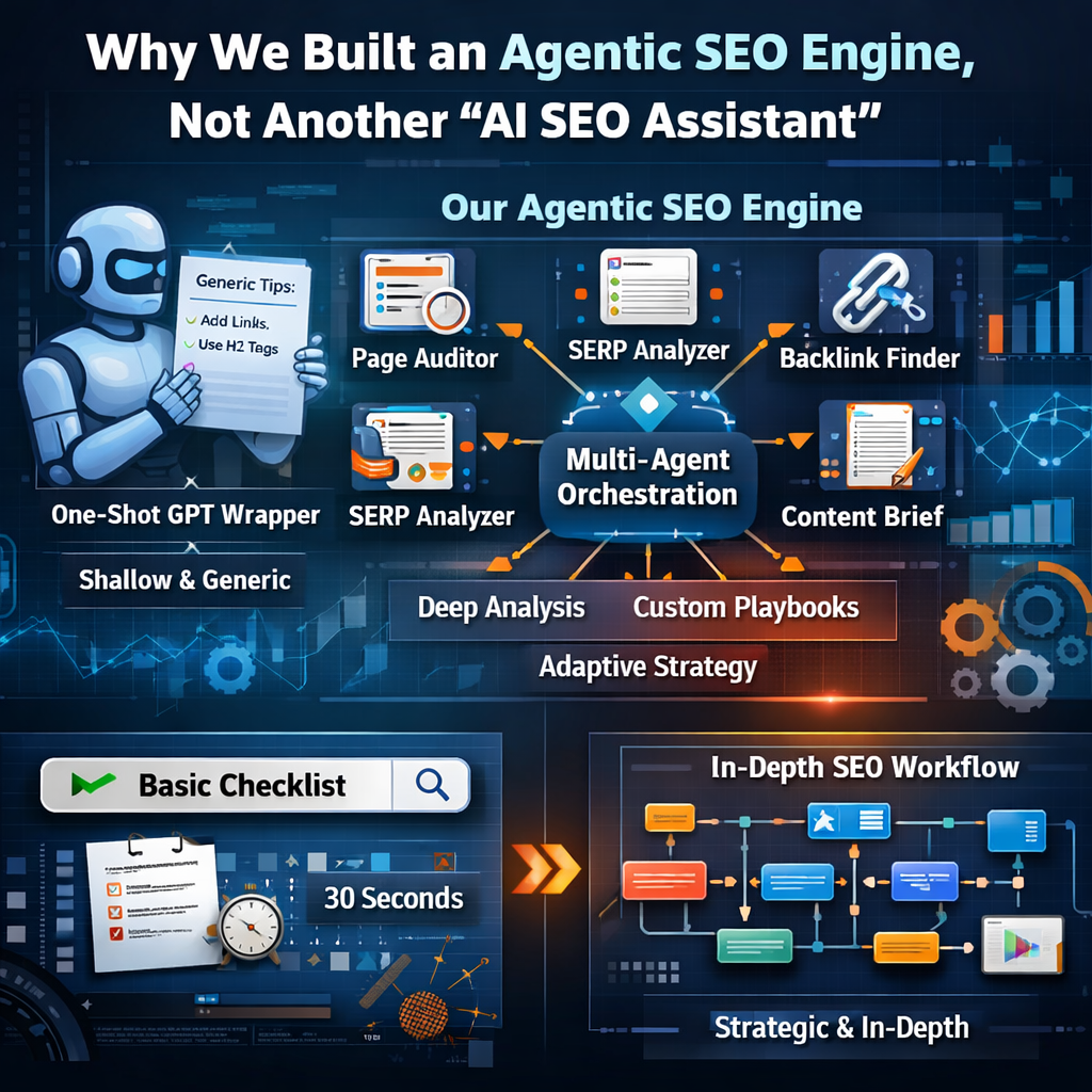 AI SEO platform architecture with 6 specialist agents